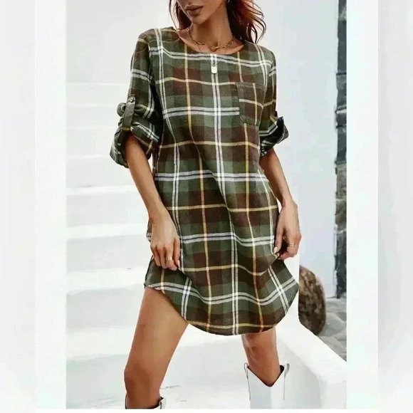 NWT CUPSHE Moriah Gingham Curved Hem Short Dress Size S Flannel Green - Picture 1 of 6